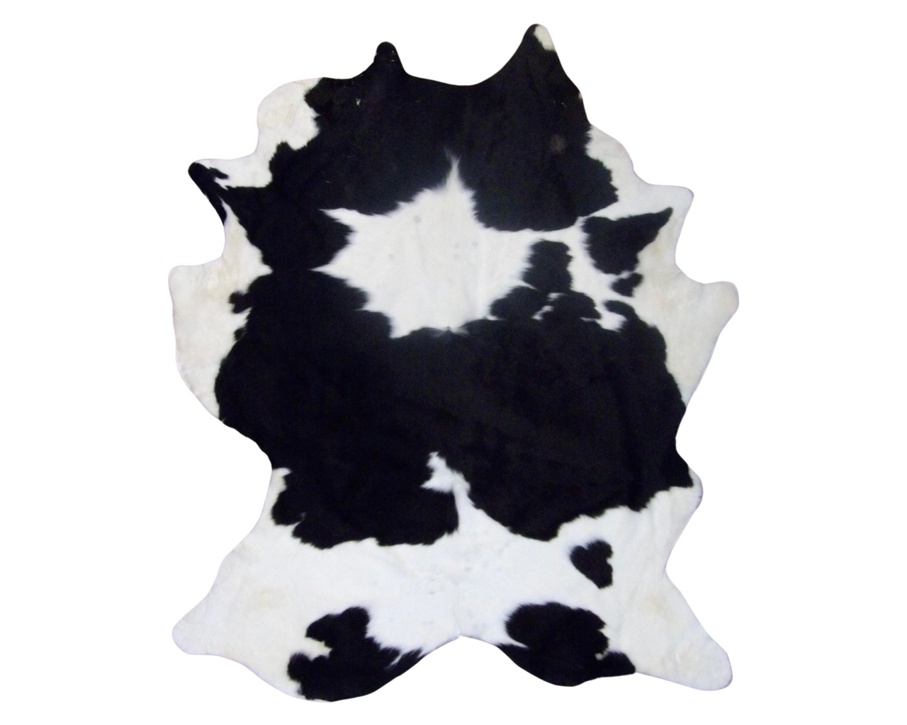 Genuine Brazilian cowhide rug in black and white, full view