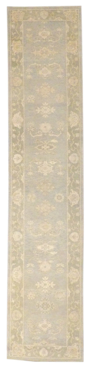 Turkish vintage Oushak hand-knotted wool runner, soft blue and green, full view