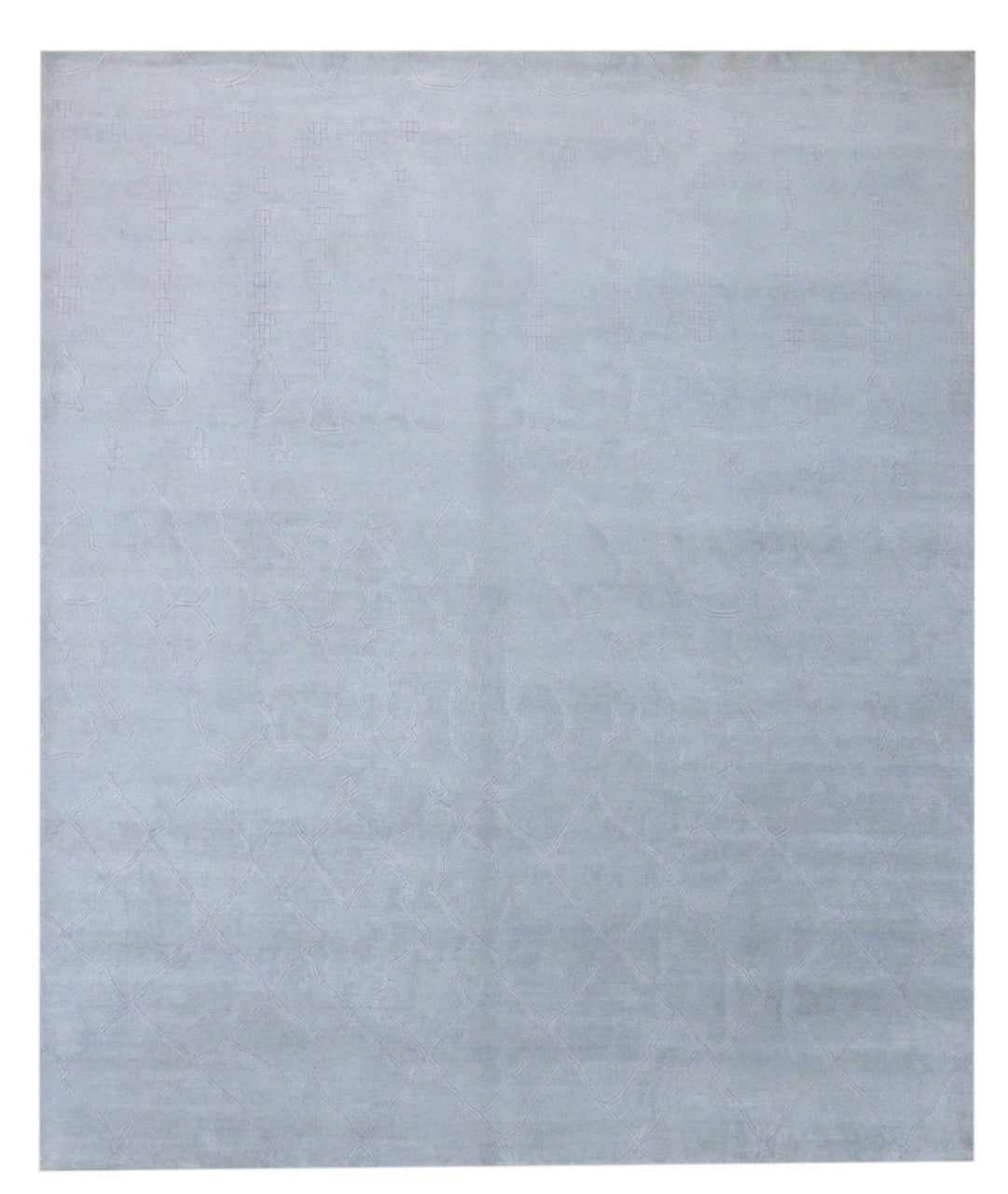 Moroccan Tulu design hand-knotted wool-silk rug in blue and gray, full view