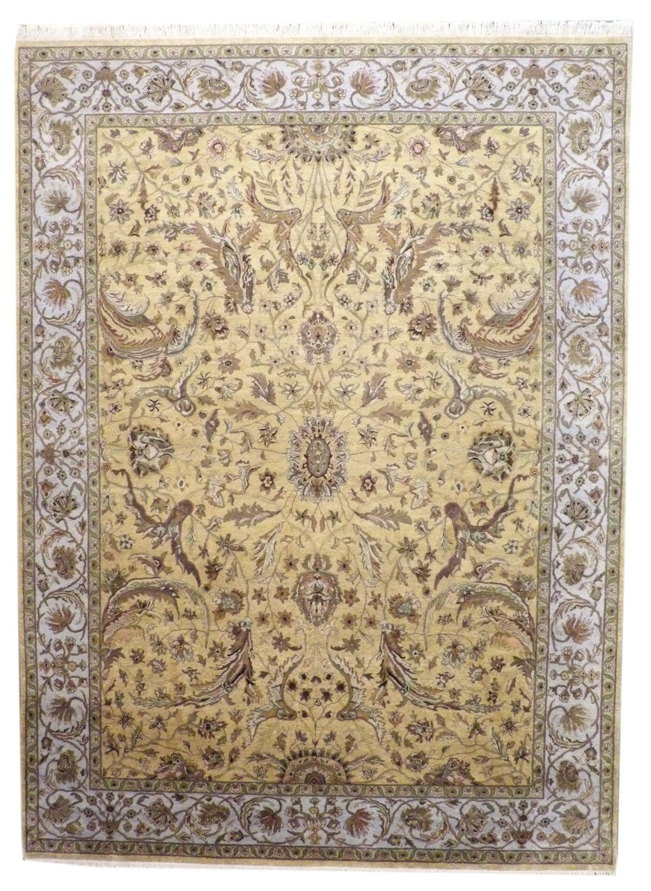 Fine Kashan Tie Dye hand-knotted wool rug in Blue & Gold, full view