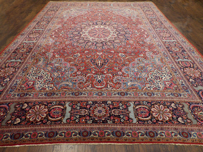 Close-up of wool pile, antique blue and red rug
