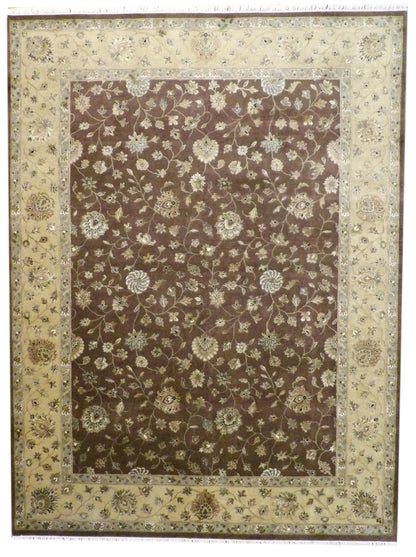 Fine Jaipur hand-knotted wool-silk rug in Brown & Gold, full view
