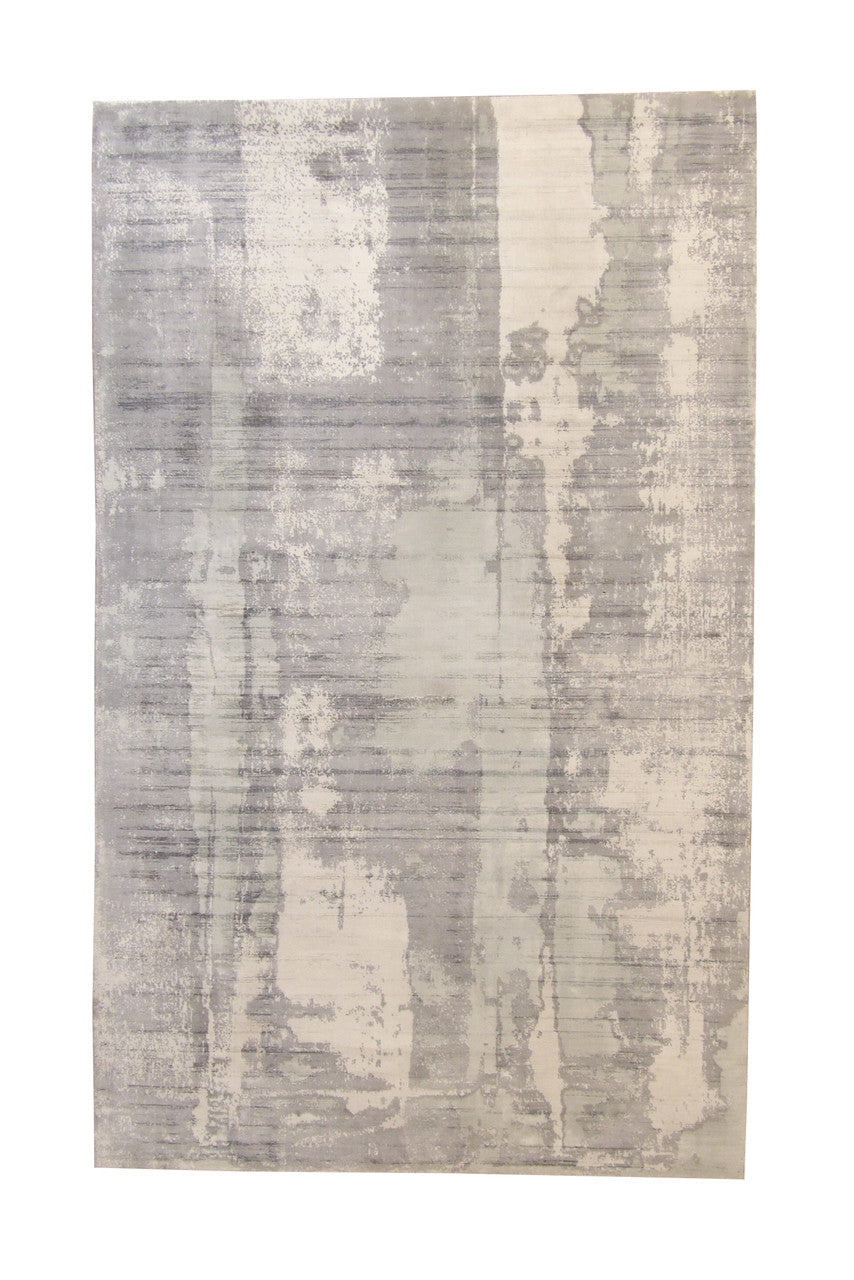Modern Abstract Design hand-knotted silk rug in Gray & White, full view