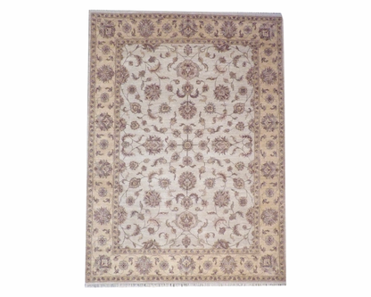 Agra Ziegler hand-knotted wool rug in beige and gold, full view, 9x12