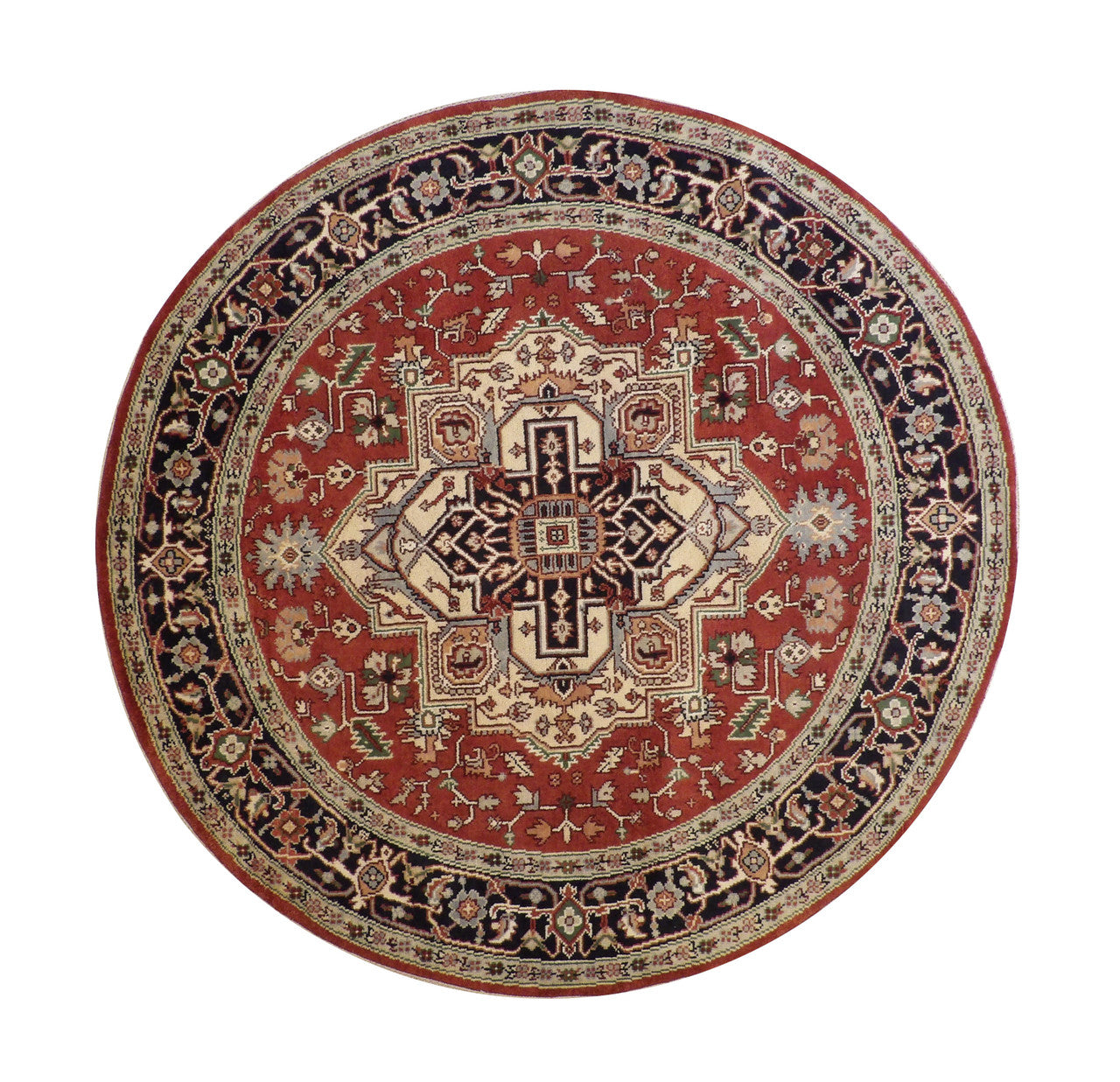 Tribal Indo Heriz hand-knotted wool rug in Blue & Rust, full view