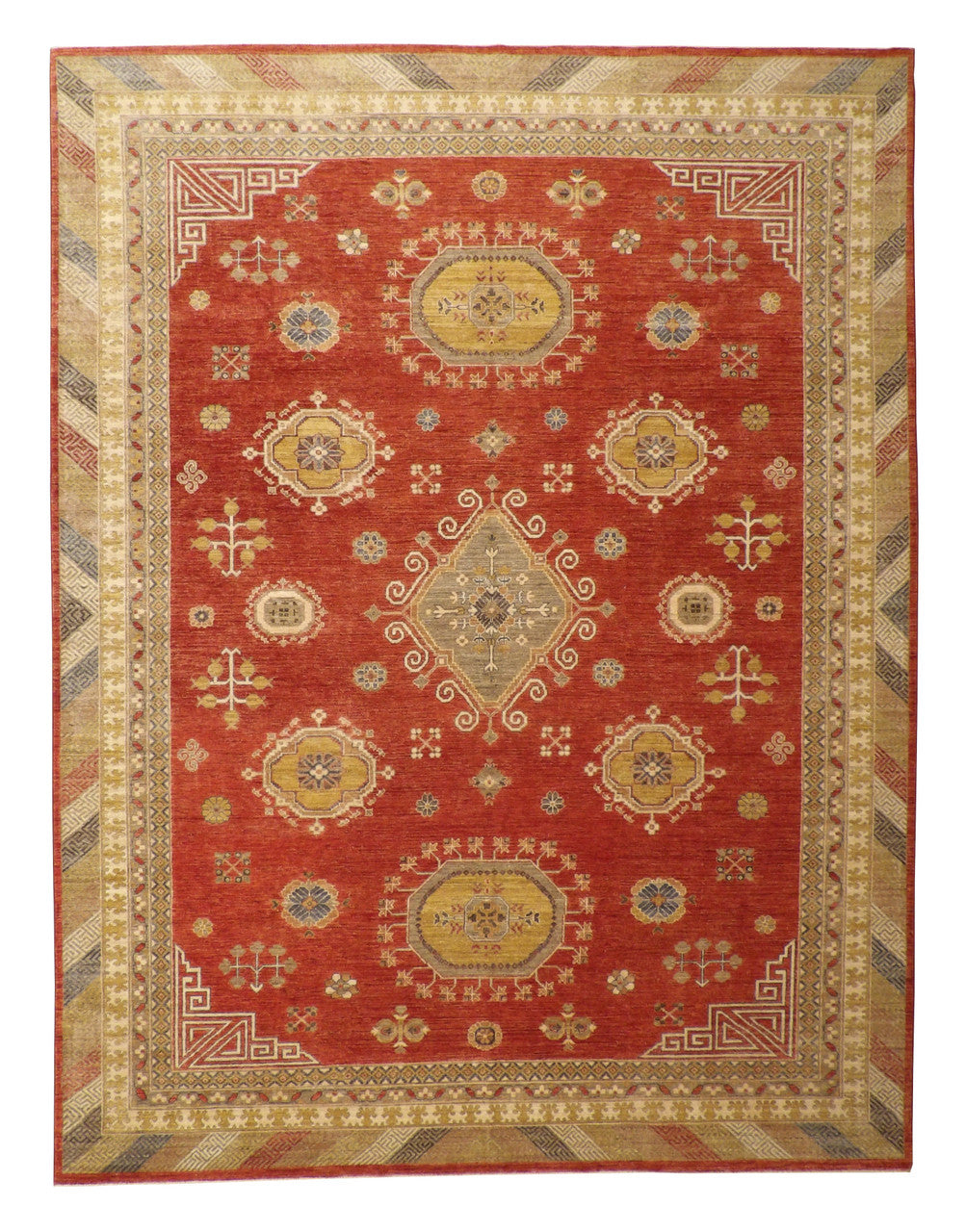 Oushak Khotan hand-knotted wool rug in Rust, full view
