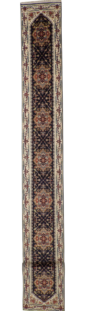 Tribal Heriz hand-knotted wool rug in Black & Beige, full view