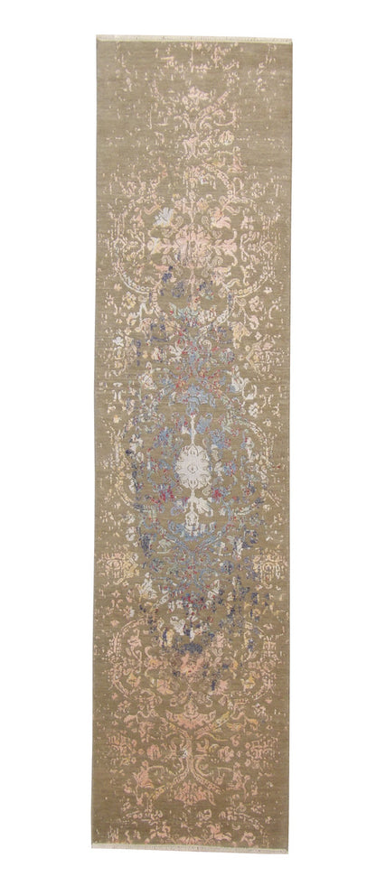 Transitional Abstract Broken Design hand-knotted wool-silk rug in Brown, full view