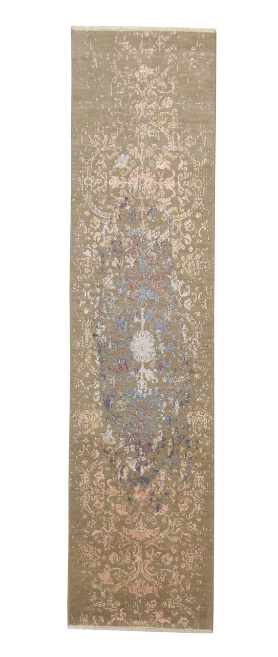 Transitional Abstract Broken Design hand-knotted wool-silk rug in Brown, full view