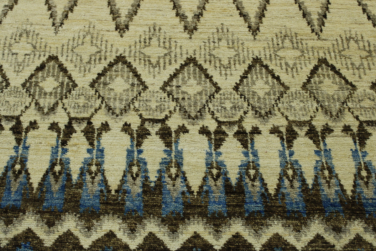 Blue, Beige & Brown Oushak Ikat Chobi rug in room setting