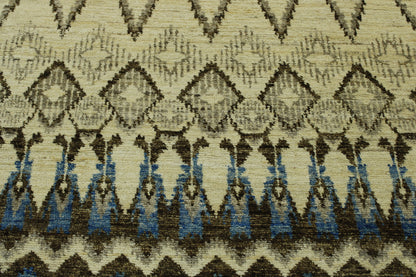 Blue, Beige & Brown Oushak Ikat Chobi rug in room setting