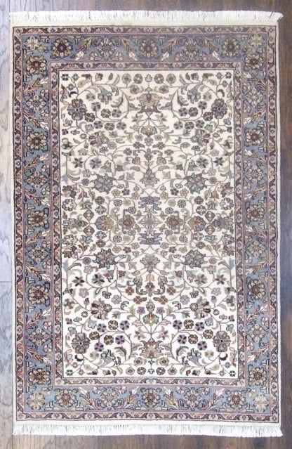 Fine Persian Kashan hand-knotted wool rug in Blue & Beige, full view