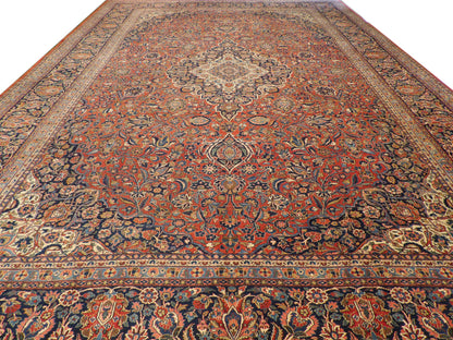 Close-up of wool pile, antique blue and red rug