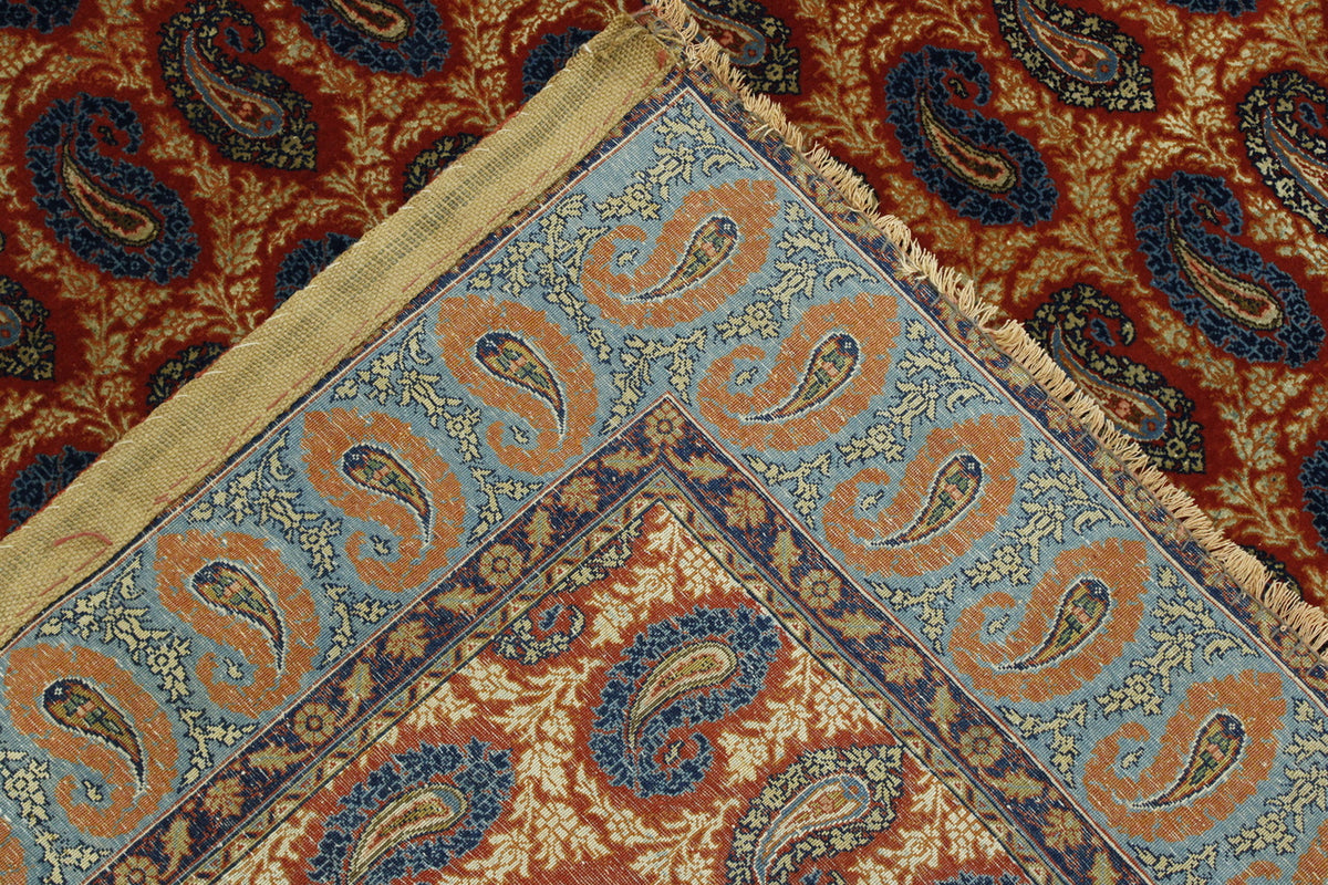 Traditional Antique Peasley Kerman hand-knotted wool-silk rug in Blue & Rust, full view