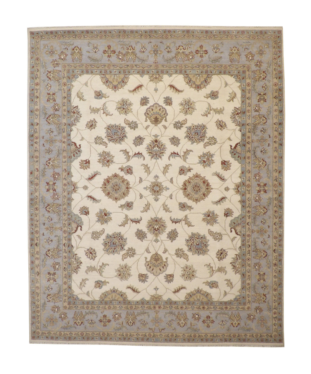 Oushak Indo Agra Chobi hand-knotted wool rug in Blue & Beige, full view