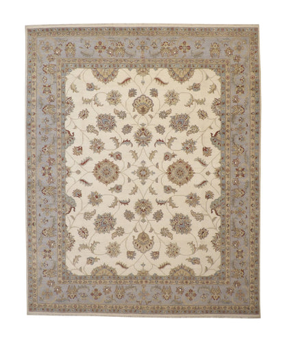 Oushak Indo Agra Chobi hand-knotted wool rug in Blue & Beige, full view