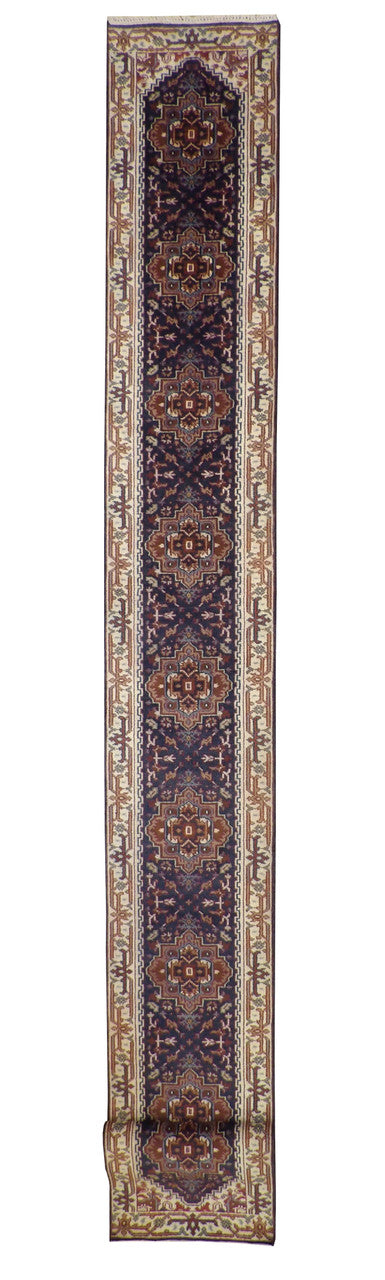 Tribal Heriz hand-knotted wool rug in Blue & Beige, full view