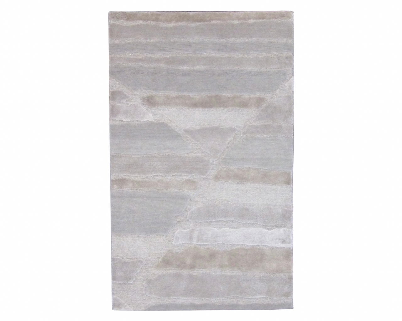 Modern abstract hand-knotted wool-silk rug in gray and beige, full view