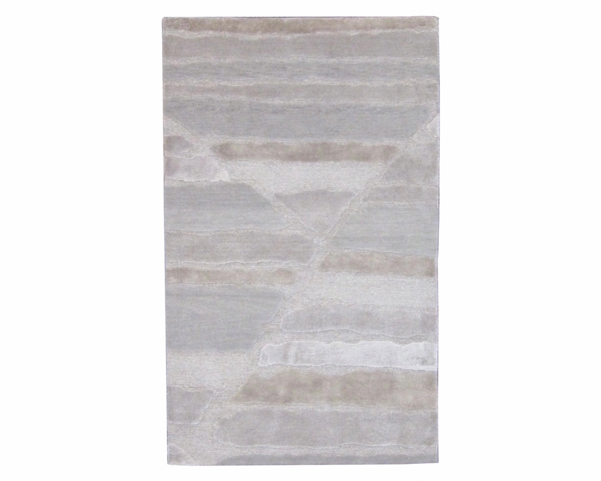 Modern abstract hand-knotted wool-silk rug in gray and beige, full view