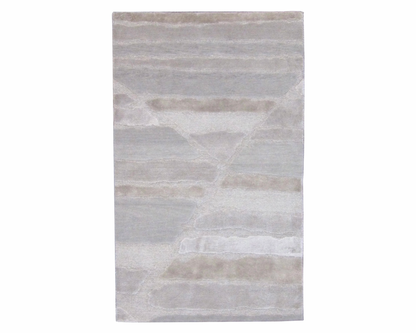 Modern abstract hand-knotted wool-silk rug in gray and beige, full view