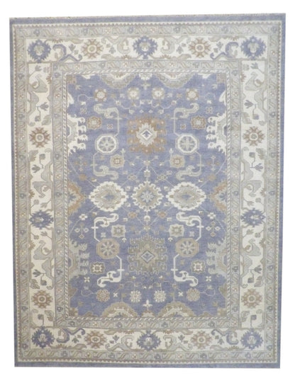 Turkish Oushak hand-knotted wool rug in ivory and purple, full view, 9x12