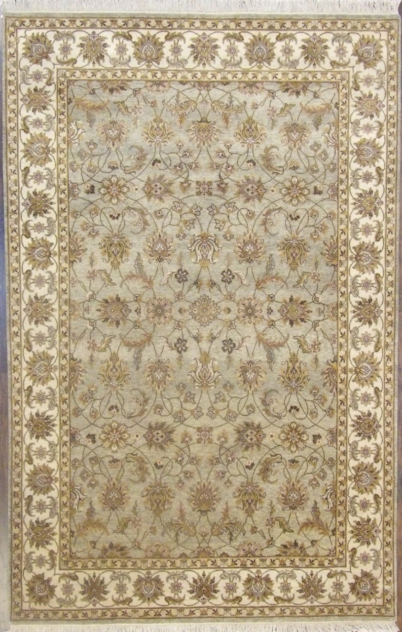 Fine Ziegler tie-dye hand-knotted wool rug in green and ivory, full view