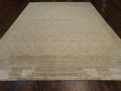 Close-up of wool-silk pile, gold and green rug