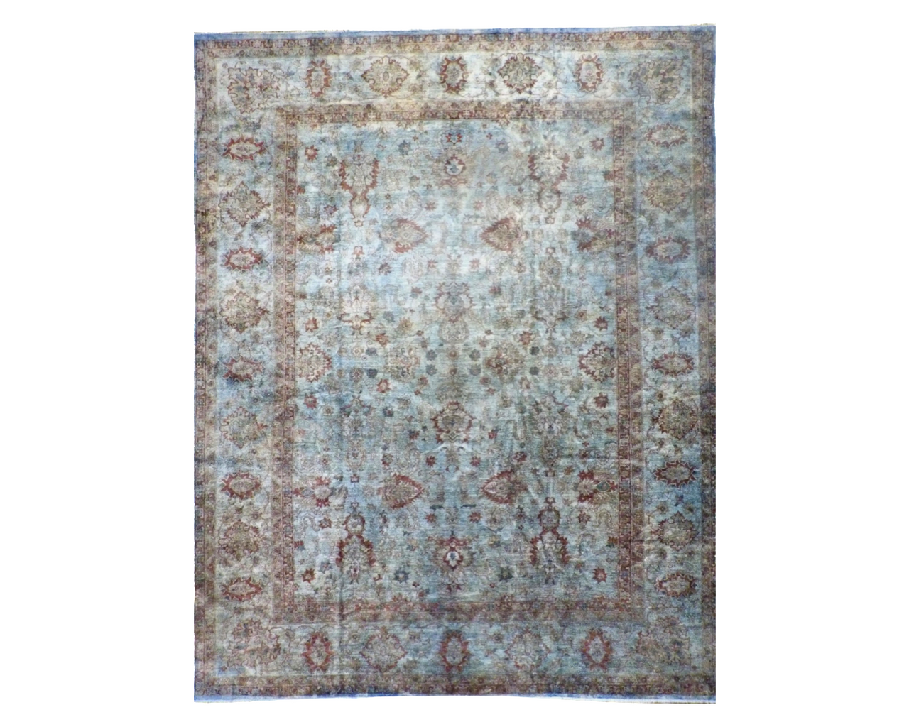 Overdyed Chobi Oushak hand-knotted wool rug in teal, palatial size, full view