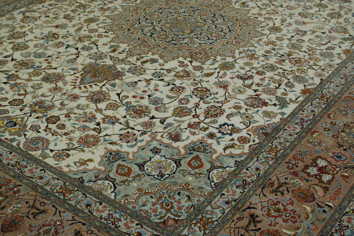 Beige & Pink Traditional Fine Qum rug in room setting