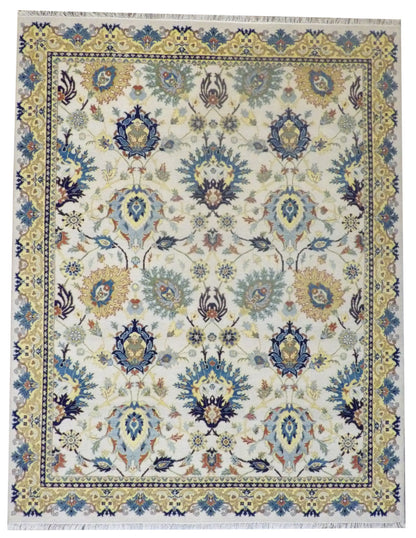 Colorful Rich Ziegler Design hand-knotted wool rug in Gold & Ivory, full view