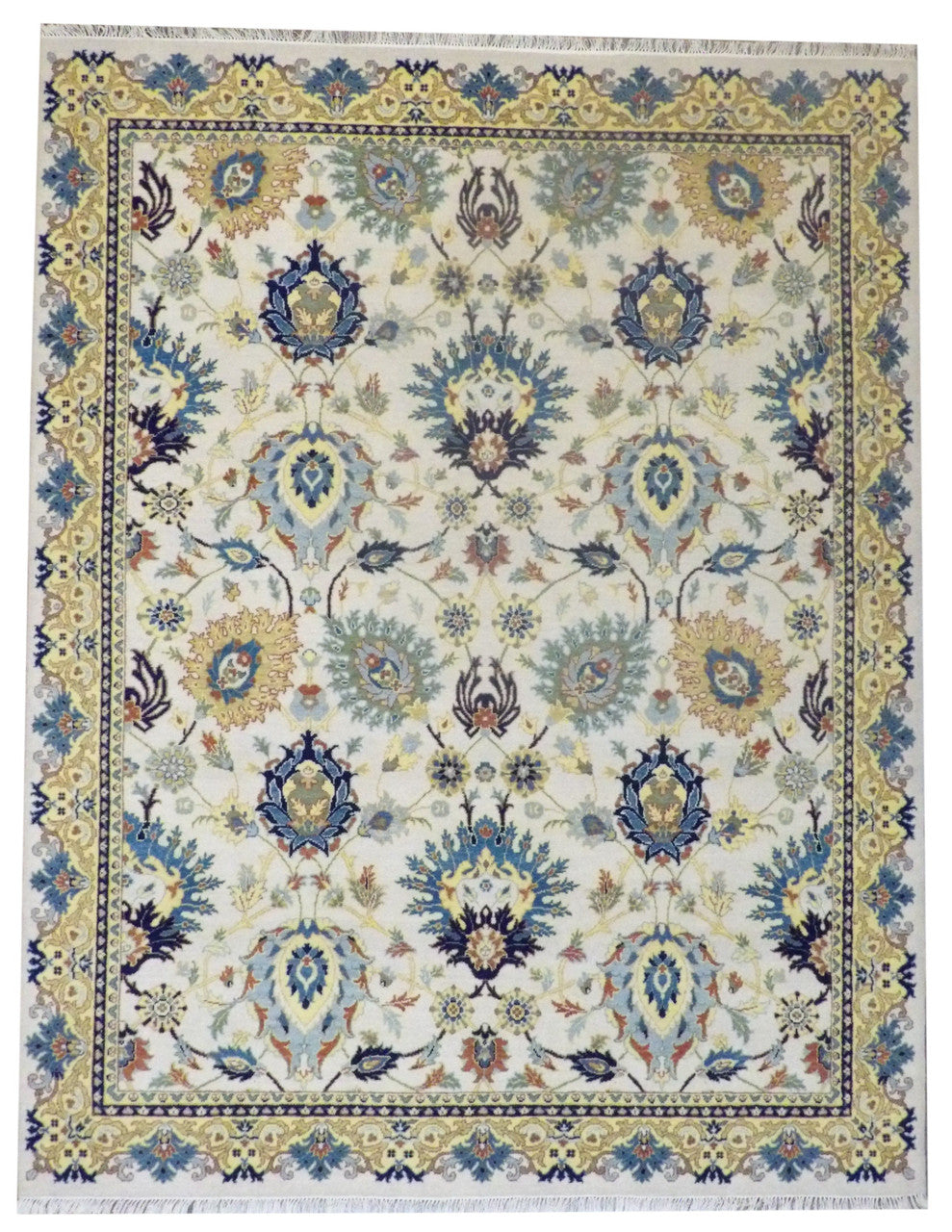 Colorful Rich Ziegler Design hand-knotted wool rug in Gold & Ivory, full view