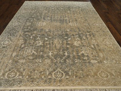 Close-up of wool-silk pile, Green & Beige rug