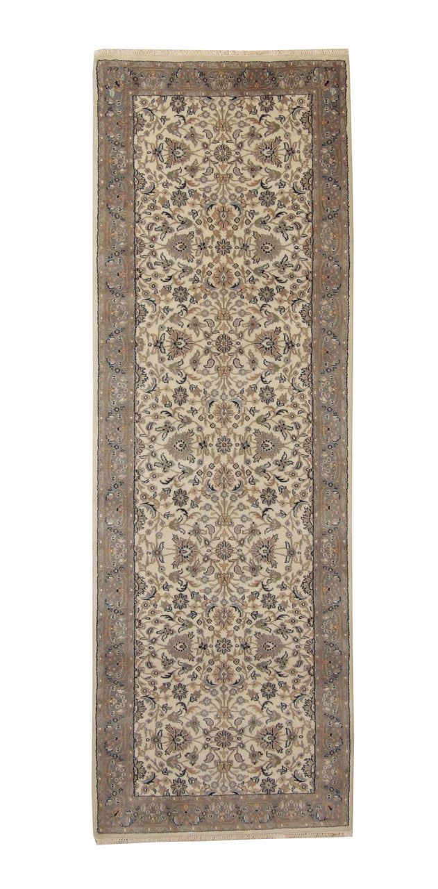 Persian Mashad hand-knotted wool rug in Beige, full view