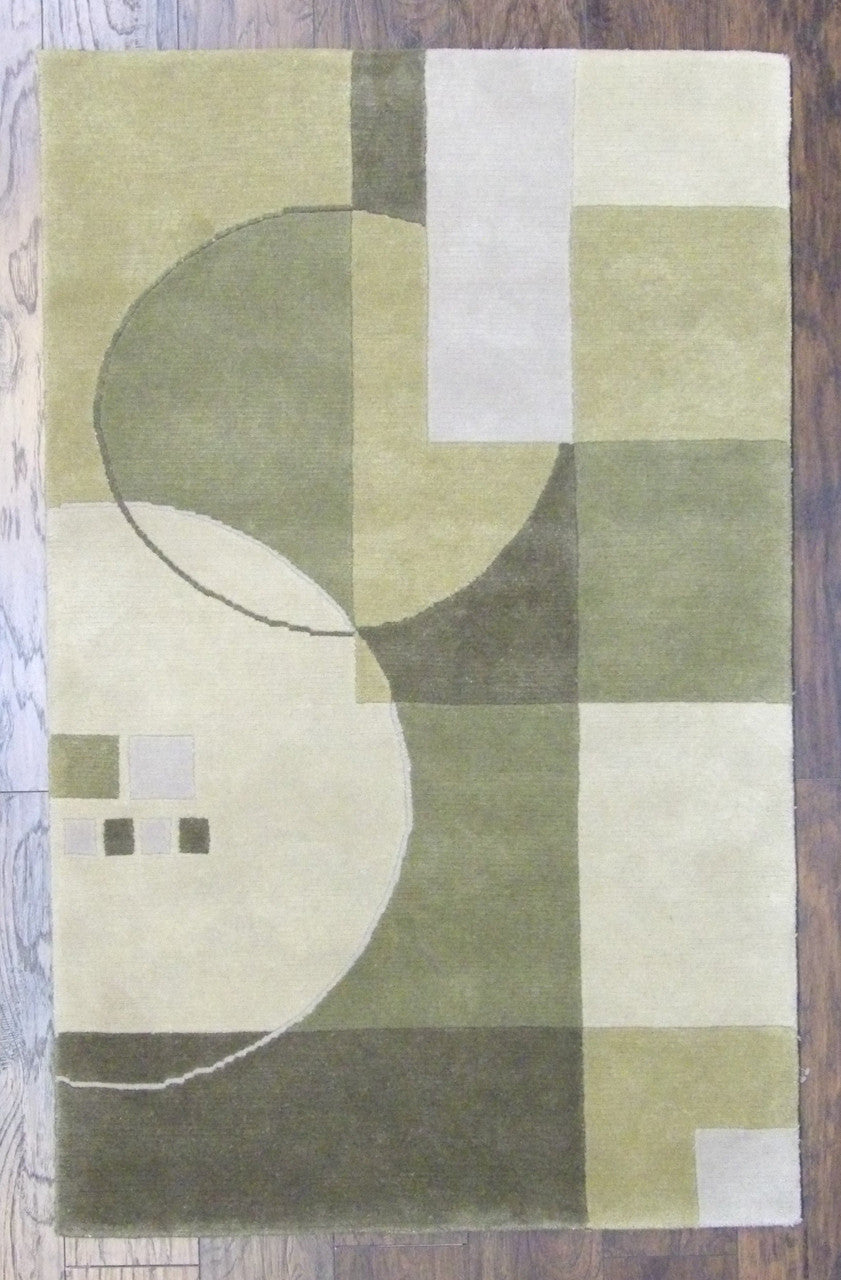 Modern Geometrical Design hand-knotted wool rug in Green & Beige, full view