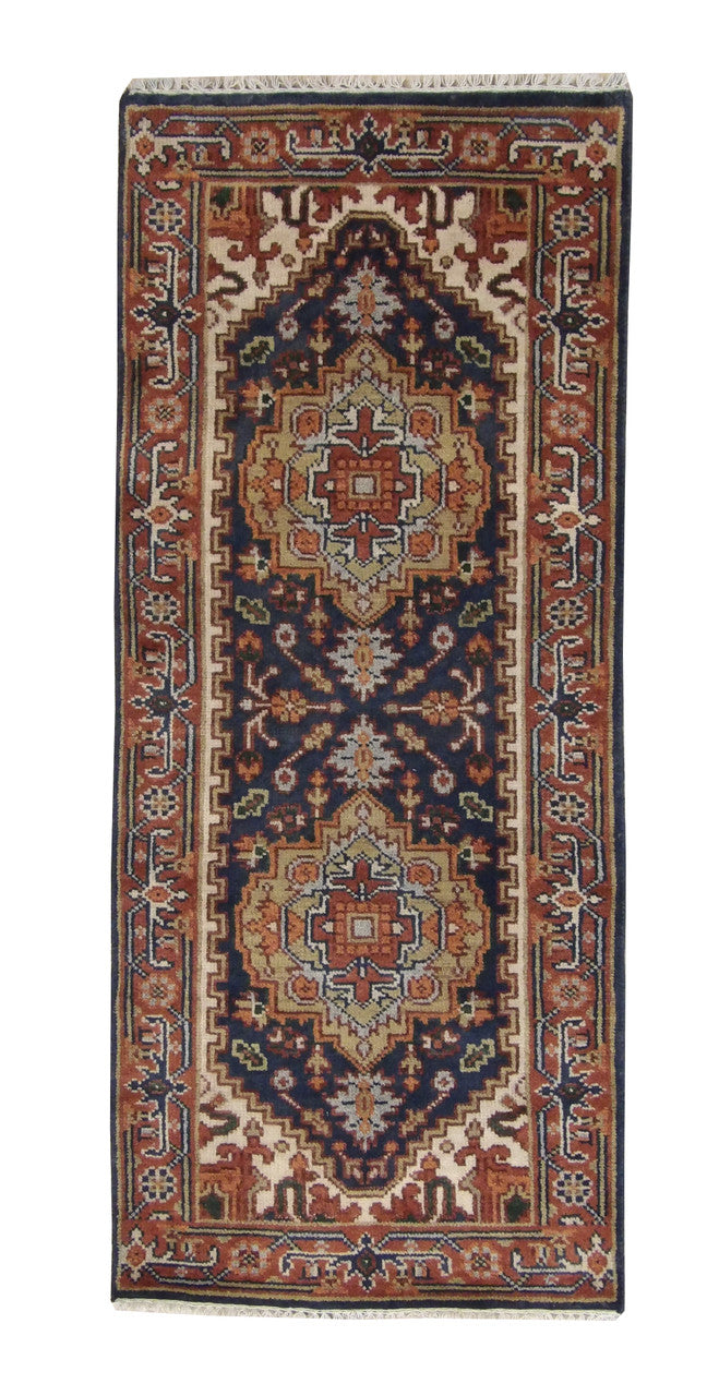 Tribal Indo Heriz hand-knotted wool rug in Blue, full view