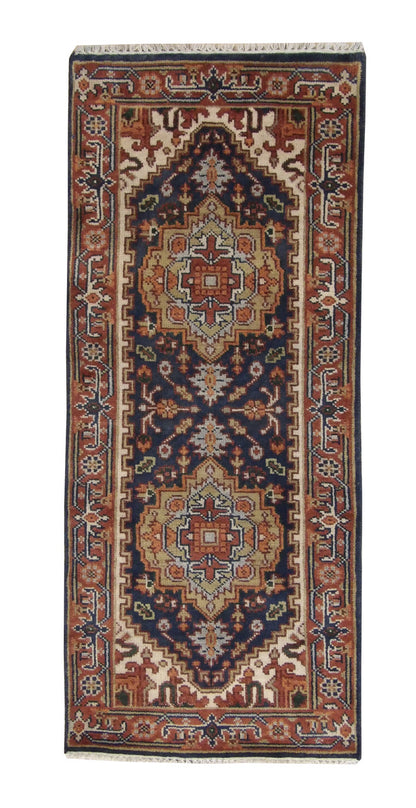 Tribal Indo Heriz hand-knotted wool rug in Blue, full view