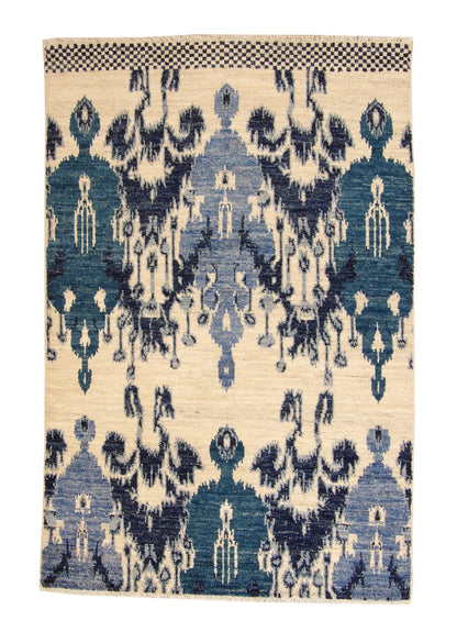 Transitional Moroccan Ikat Design Chobi hand-knotted wool rug in Blue, full view