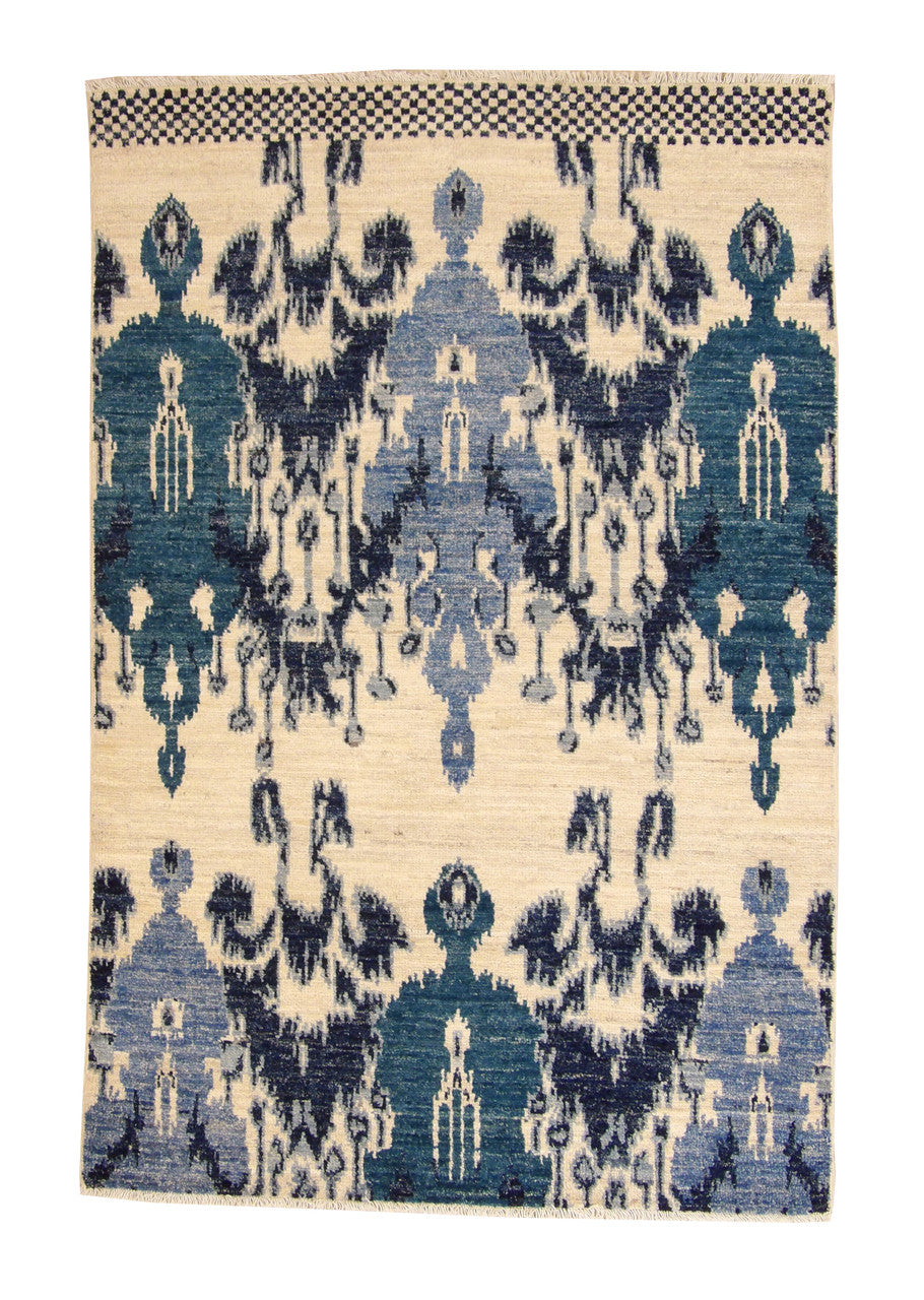 Transitional Moroccan Ikat Design Chobi hand-knotted wool rug in Blue, full view