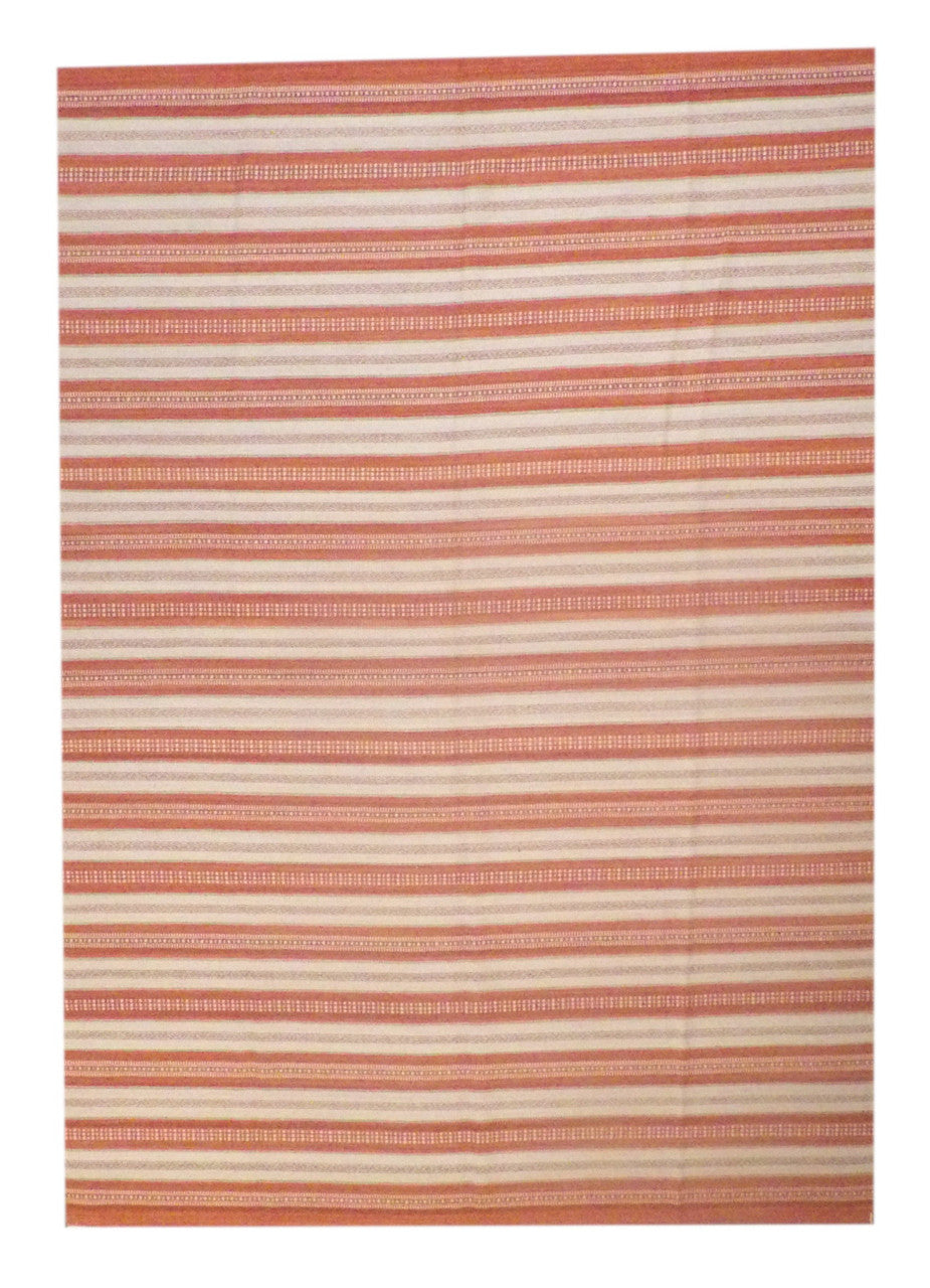 Coastal flat-weave hand-knotted wool rug in beige and red, full view