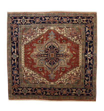 Tribal Indo Heriz hand-knotted wool rug in Blue & Rust, full view