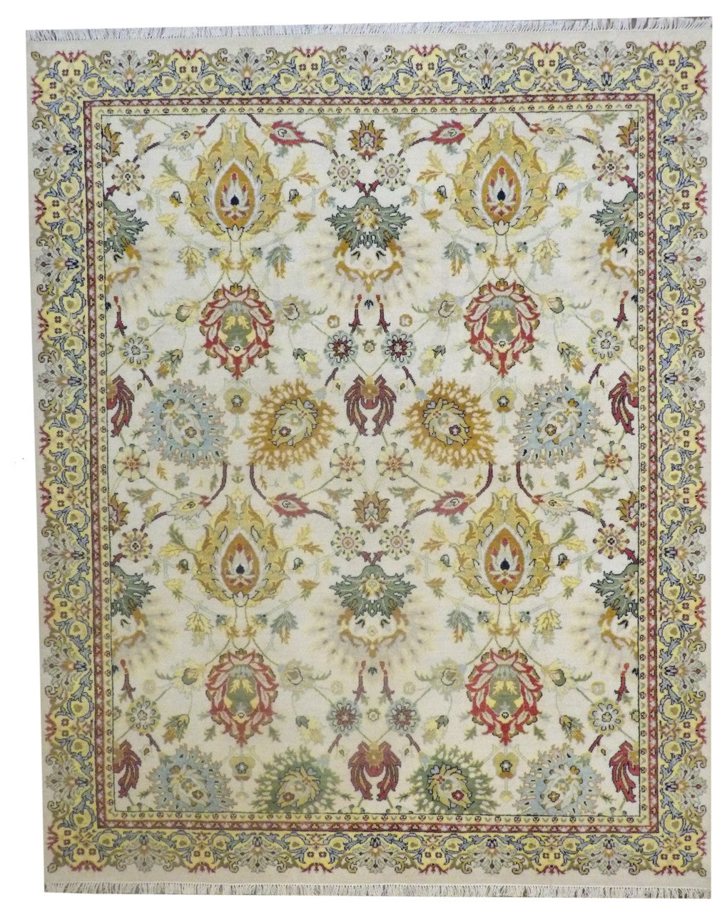 Colorful modern Ziegler hand-knotted wool rug in gold and ivory, full view