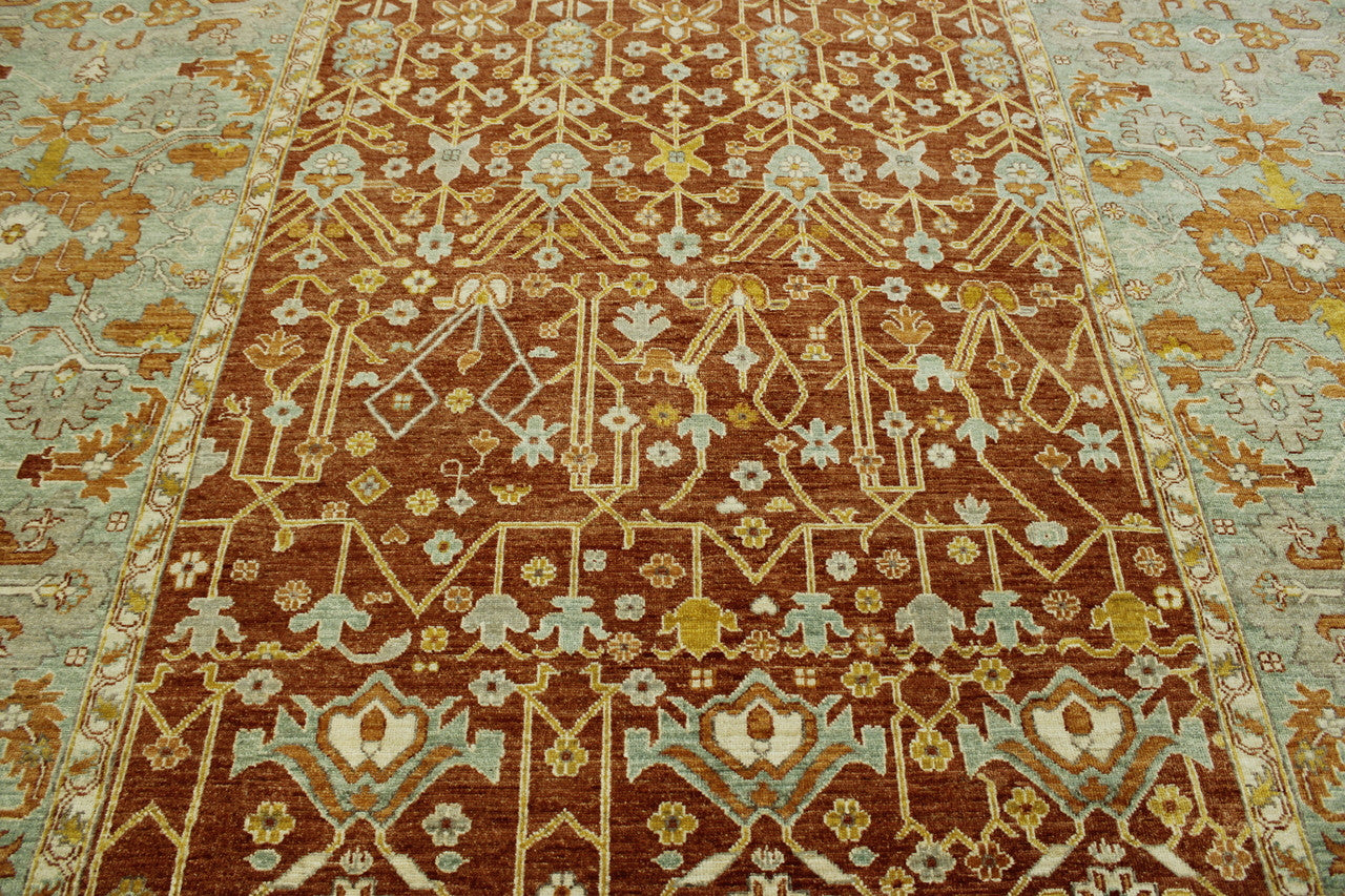 Close-up of wool pile, Green & Rust rug