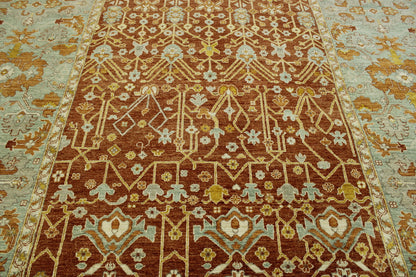 Close-up of wool pile, Green & Rust rug