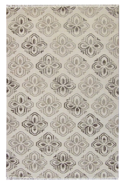 Coastal flat-weave beach hand-knotted wool rug in brown and beige, full view