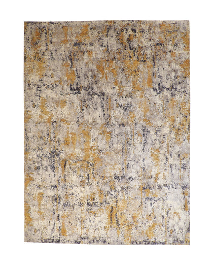 Modern Abstract Broken Design hand-knotted wool-silk rug in Blue & Multi-Color, full view