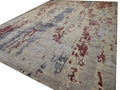 Modern Abstract Carved Hand-Knotted Wool Rug in Blue & White — 12' x 15' Oversized | SKU W800