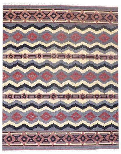 Coastal flat-weave beach hand-knotted wool rug in gray and rust, full view