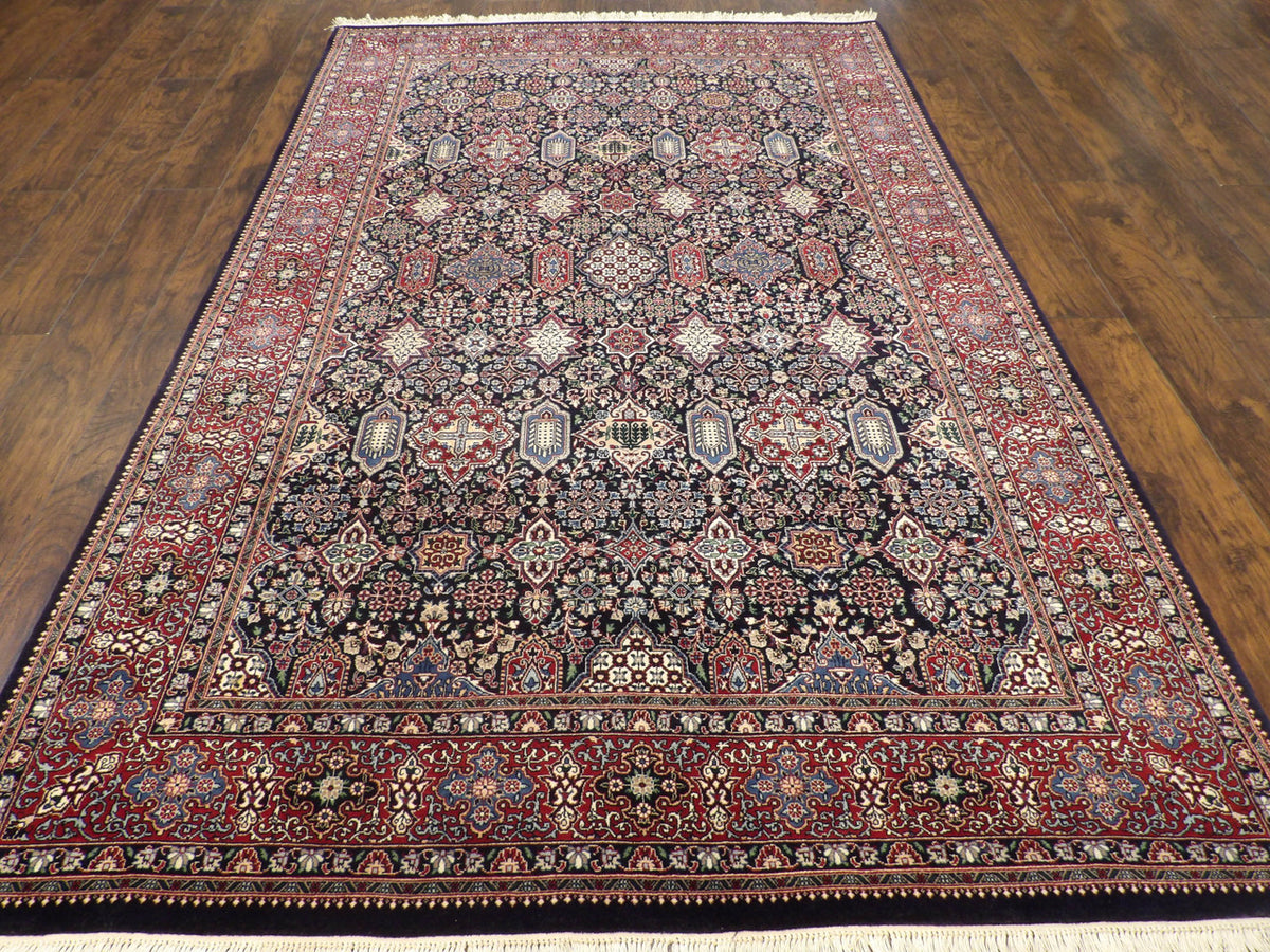 Close-up of wool pile, blue and red rug
