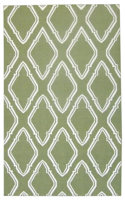 Coastal Flat Weave Indoor/Outdoor Beach hand-knotted wool rug in Green & Beige, full view
