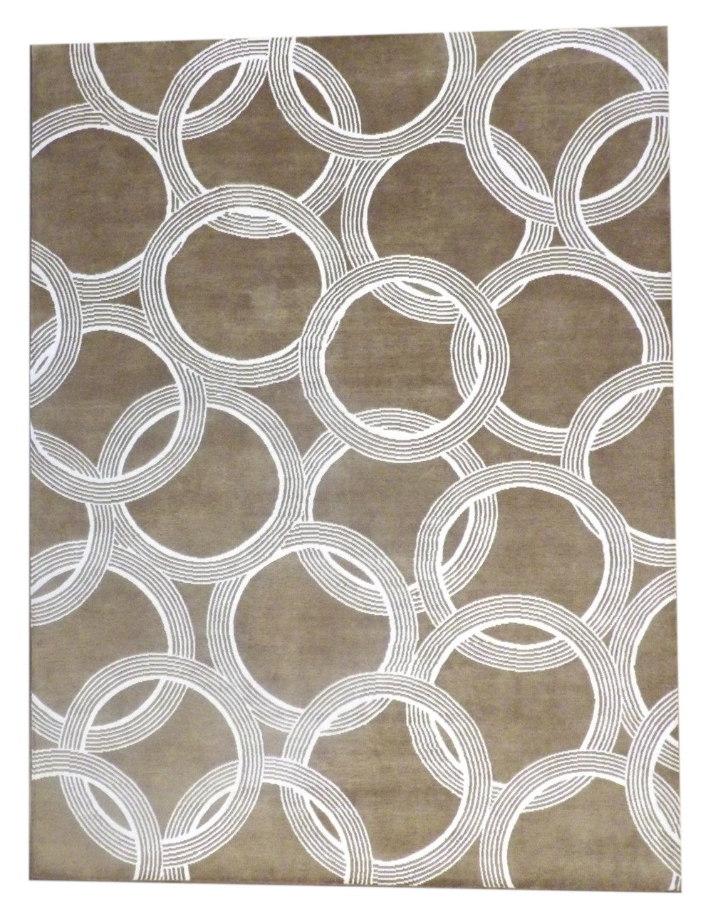 Modern Nepalese Circle Design hand-knotted wool-silk rug in Brown & Beige, full view